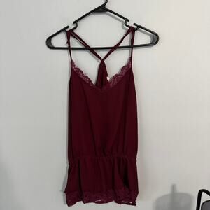 Hippie Laundry Thin Strap Dark Red Slinky Tank Top Women's Size Large Lace Edges